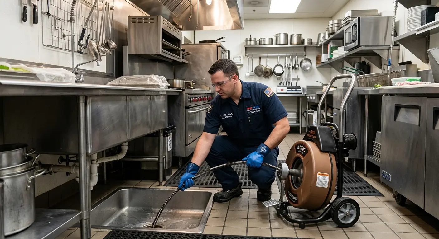 Commercial drain cleaning service in a restaurant kitchen in Paradise