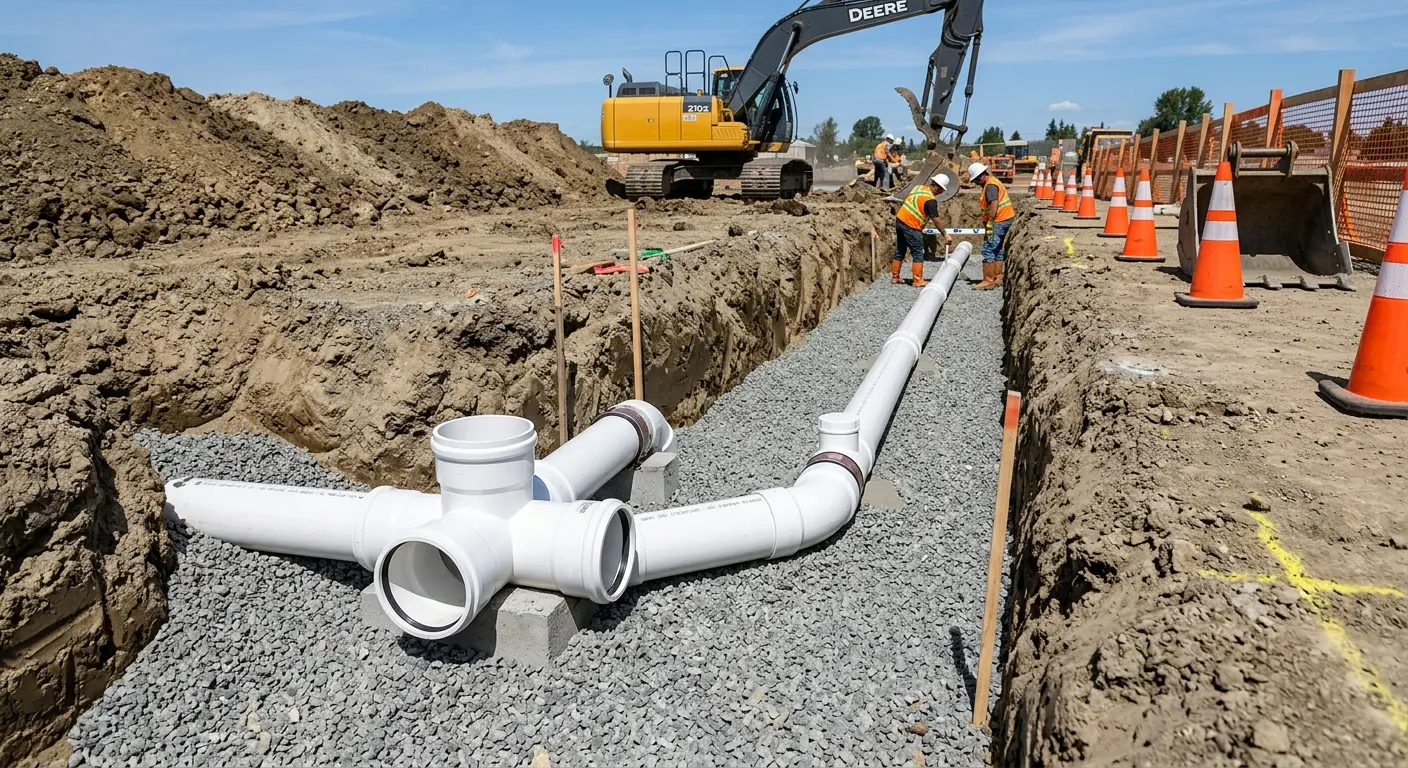 New PVC sewer pipe installation in open trench for Commercial Drain Cleaning in Paradise